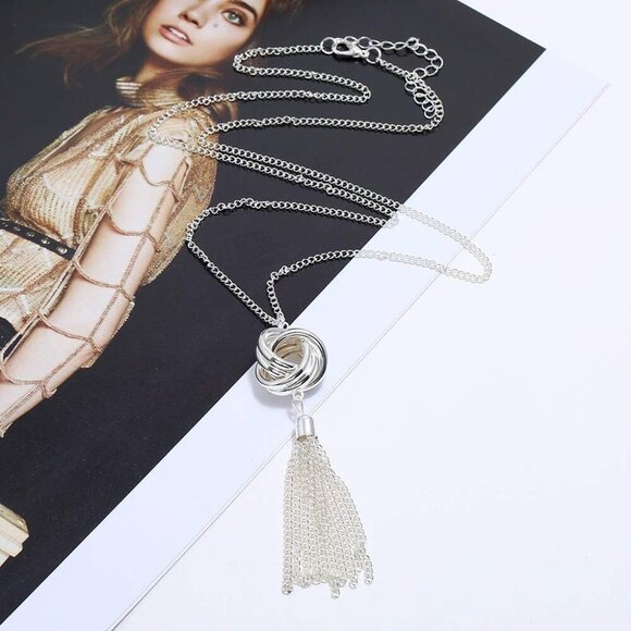 Long Tassel Pendant Necklace for Women Knot Disk Circle Tassel Long Silver Chain - Picture 3 of 5